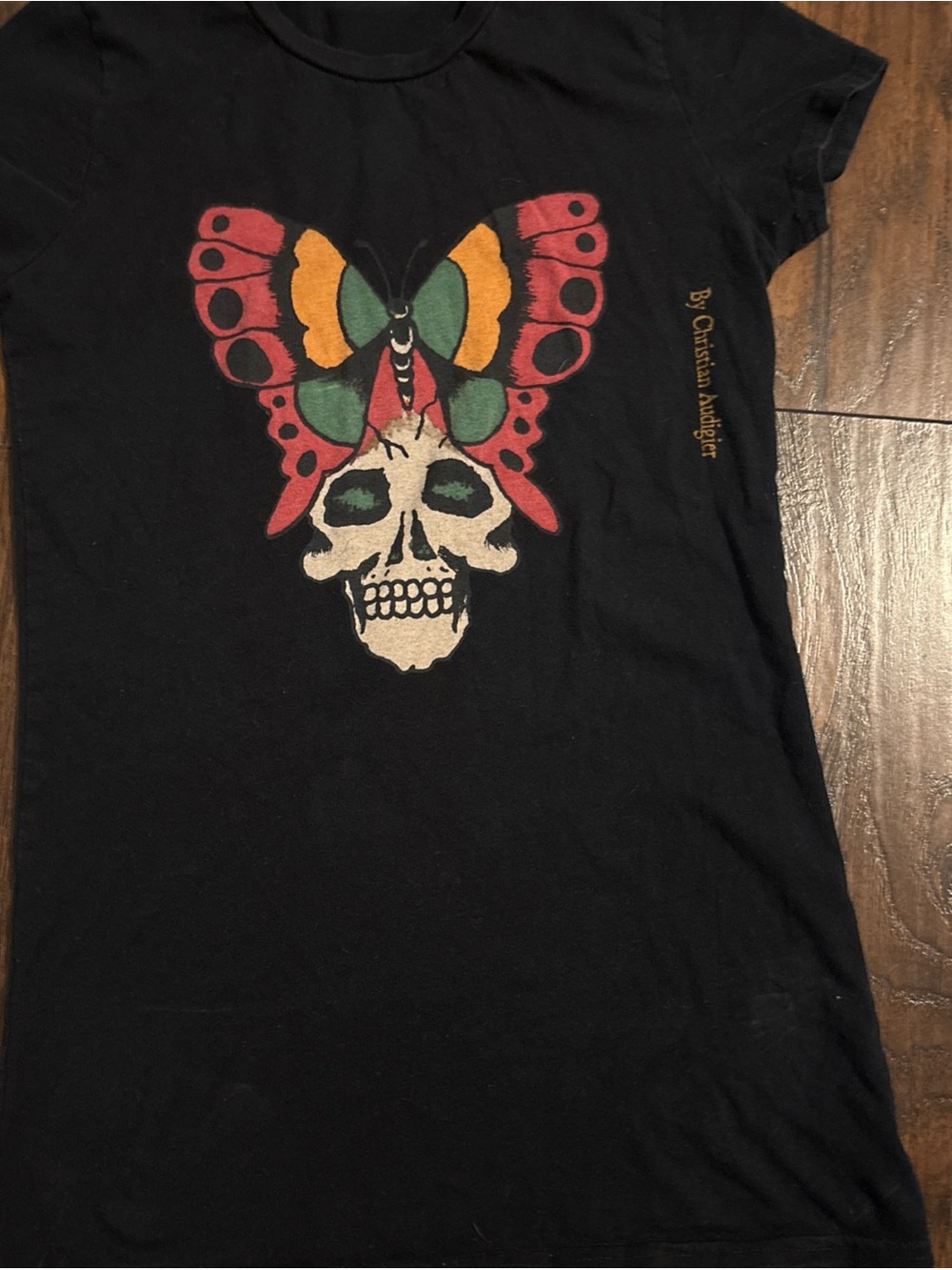 Vintage Ed Hardy Christian Audigier Black Graphic Tee with Skull & Butterfly Y2K